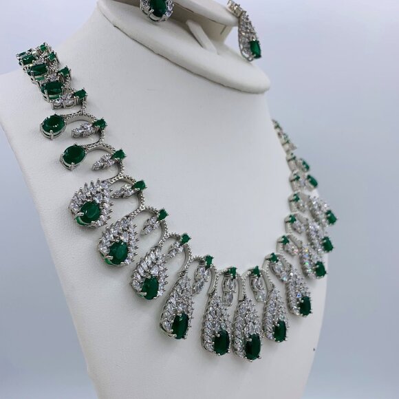 Necklace and earring set, 18 K white gold over solid silver, lab emeralds, NWOT - Picture 2 of 11